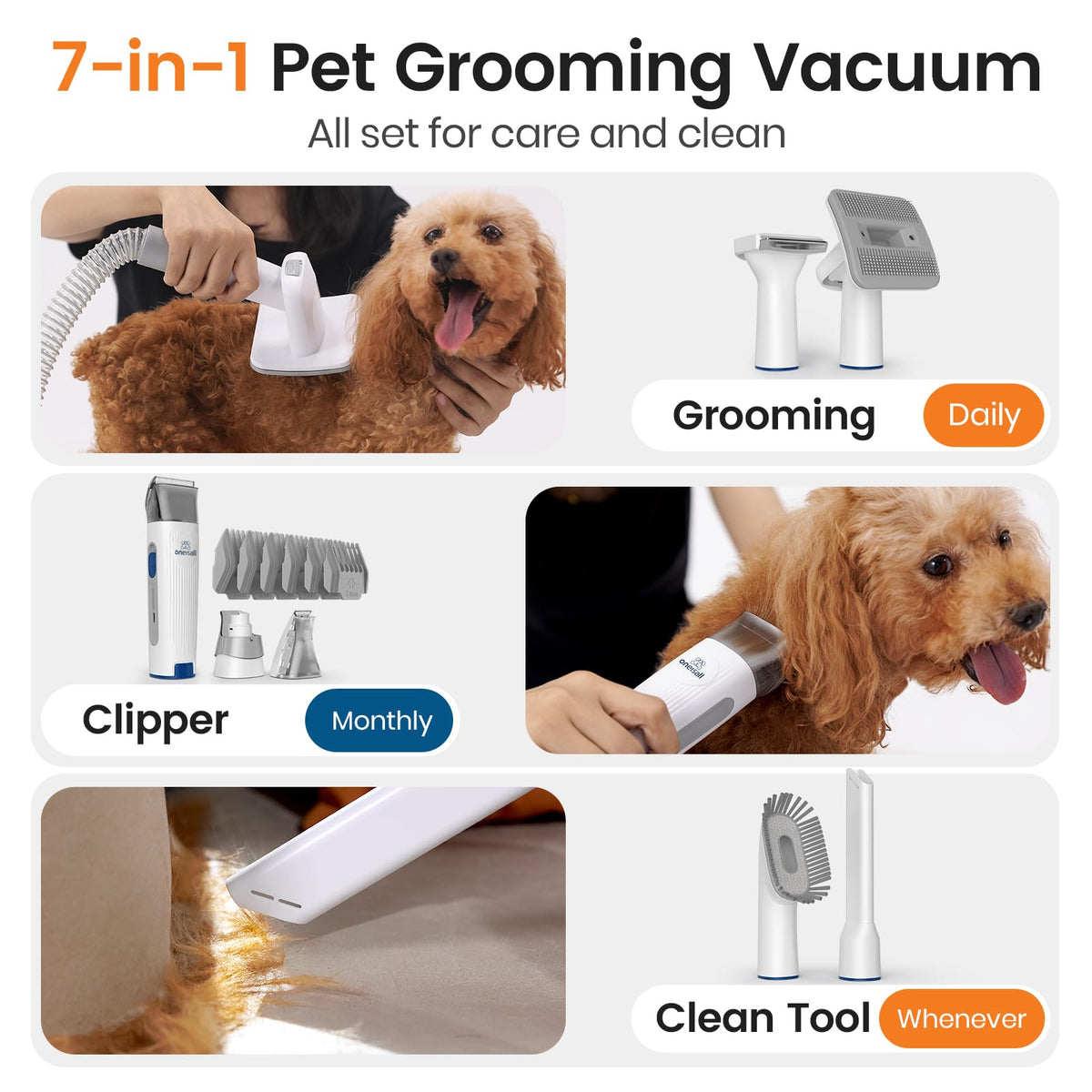 oneisall Pet Grooming Vacuum Kit — 7 Tools