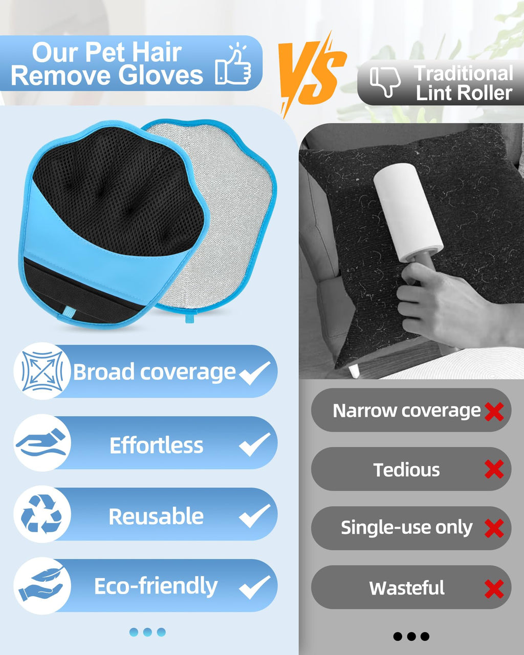 Lavendex Reusable Pet Hair Removal Gloves — Blue, 2 Pairs