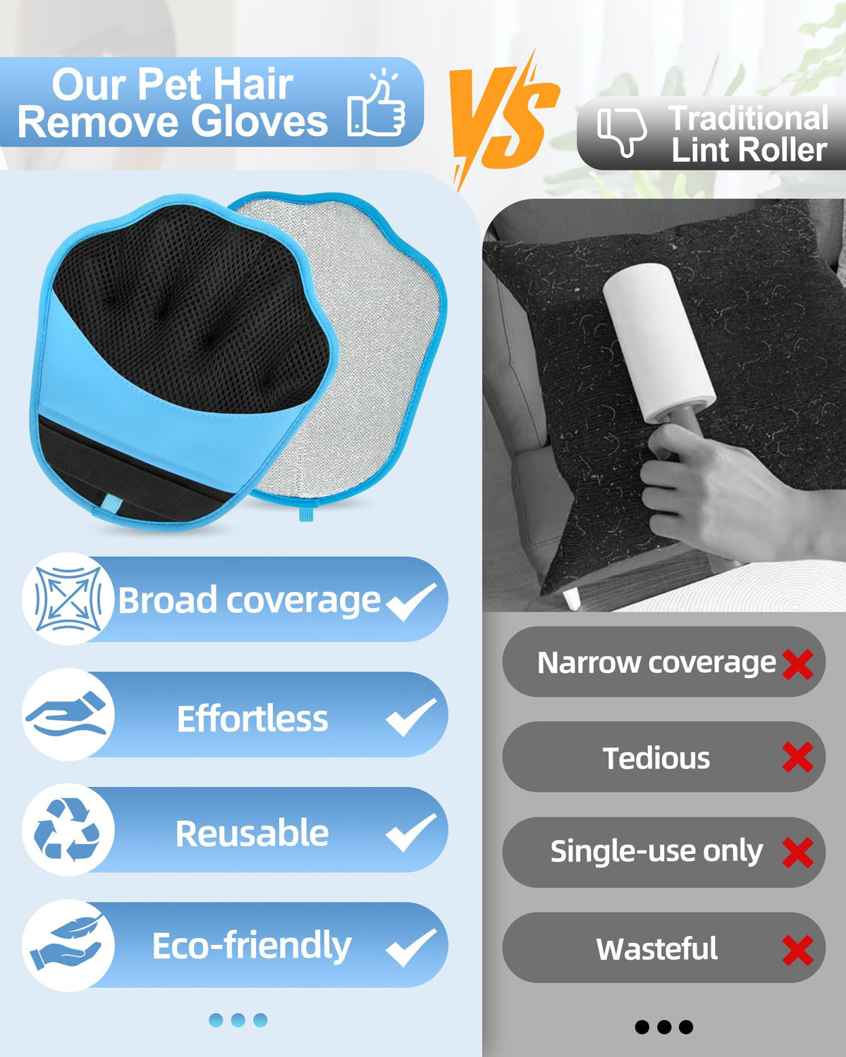 Lavendex Reusable Pet Hair Removal Gloves — Blue, 2 Pairs