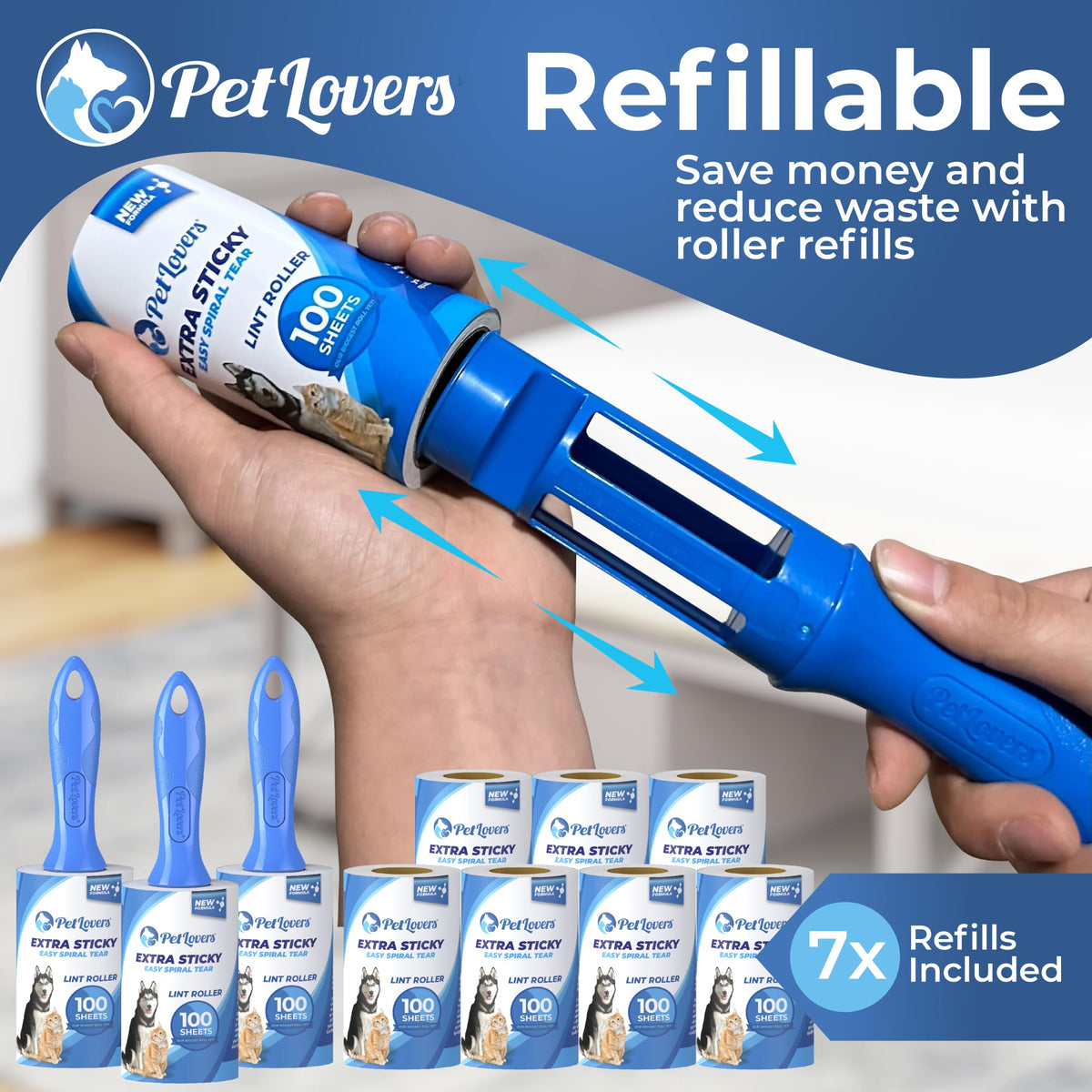 PetLovers Lint Roller Set — 3 Rollers, 7 Refills, 1,000 Sheets