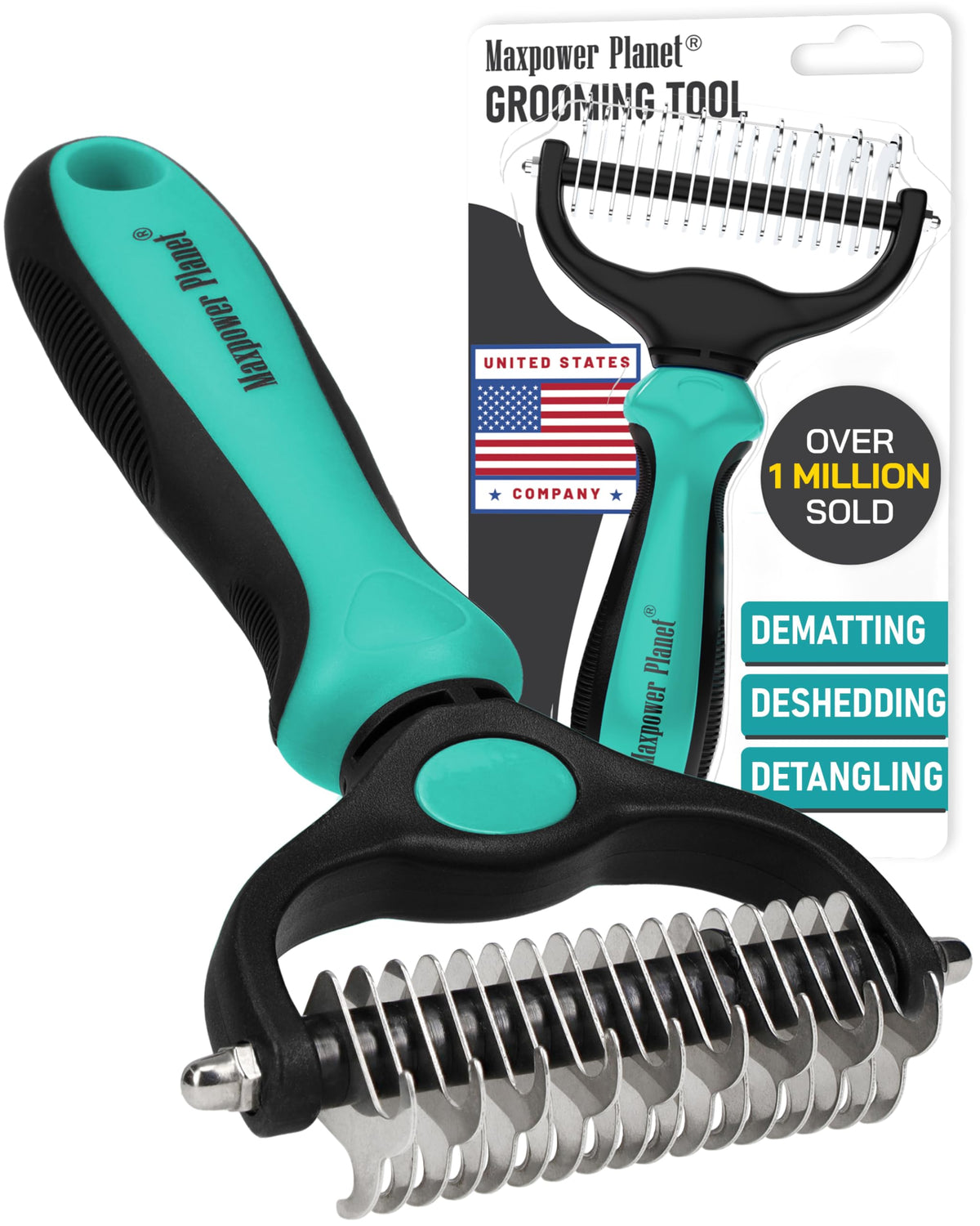 Maxpower Planet Double-Sided Grooming Rake — Turquoise