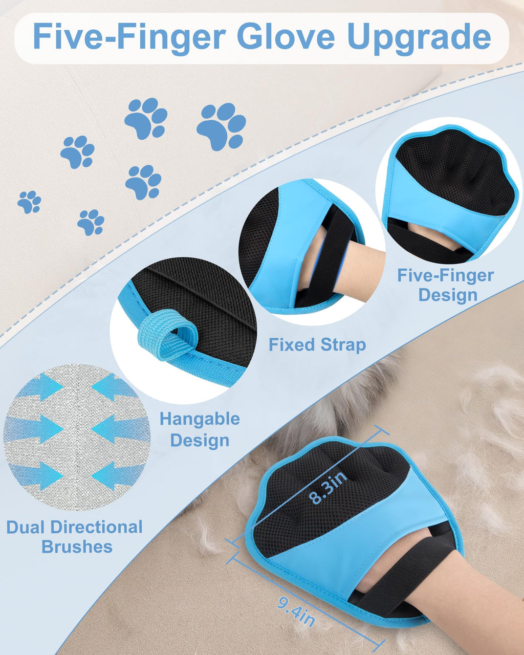 Lavendex Reusable Pet Hair Removal Gloves — Blue, 2 Pairs